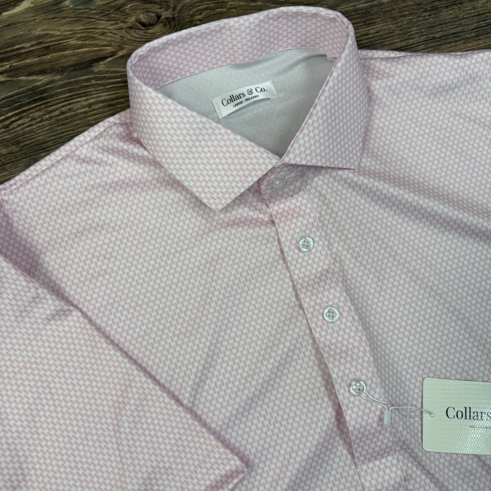 Collars & Co Mens Dress Collar Polo Size Large Pink Micro‎ Check Relaxed NEW